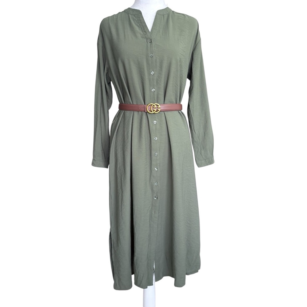 Banana Republic Button-Down Long Sleeve Maxi Kaftan Dress in Olive Green XS Tall